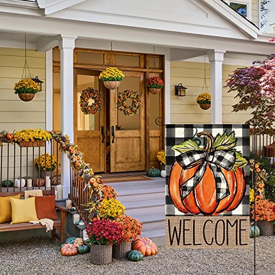 AVOIN colorlife Fall Pumpkin Welcome Garden Flag Double Sided, Autumn Thanksgiving Holiday Harvest Buffalo Plaid Yard Outdoor Decoration 12x18 Inch
