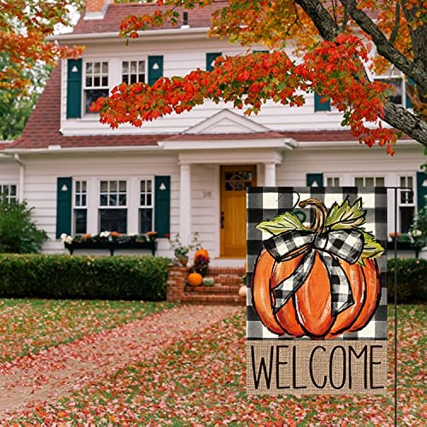 AVOIN colorlife Fall Pumpkin Welcome Garden Flag Double Sided, Autumn Thanksgiving Holiday Harvest Buffalo Plaid Yard Outdoor Decoration 12x18 Inch