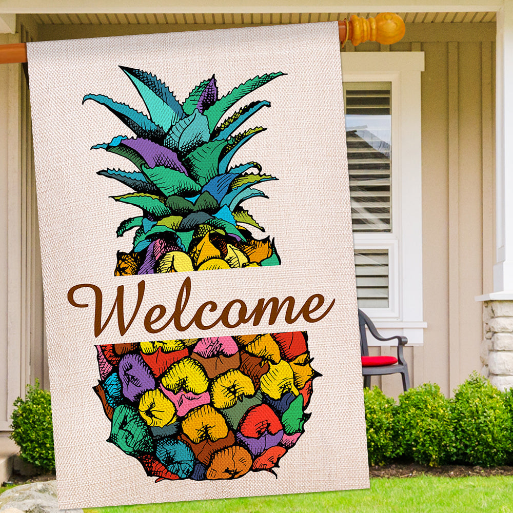 Shmbada Welcome Spring Summer Pineapple Burlap House Flag, Double Sided Seasonal Home Decor Outdoor Yard Decorative Large Flags 28 x 40 inch