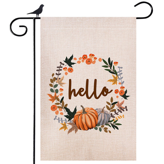Shmbada Hello Fall Thanksgiving Day Welcome Double Sided Burlap Garden Flag, Outdoor Decorative Small Flags, 12.5 x 18.5 inch