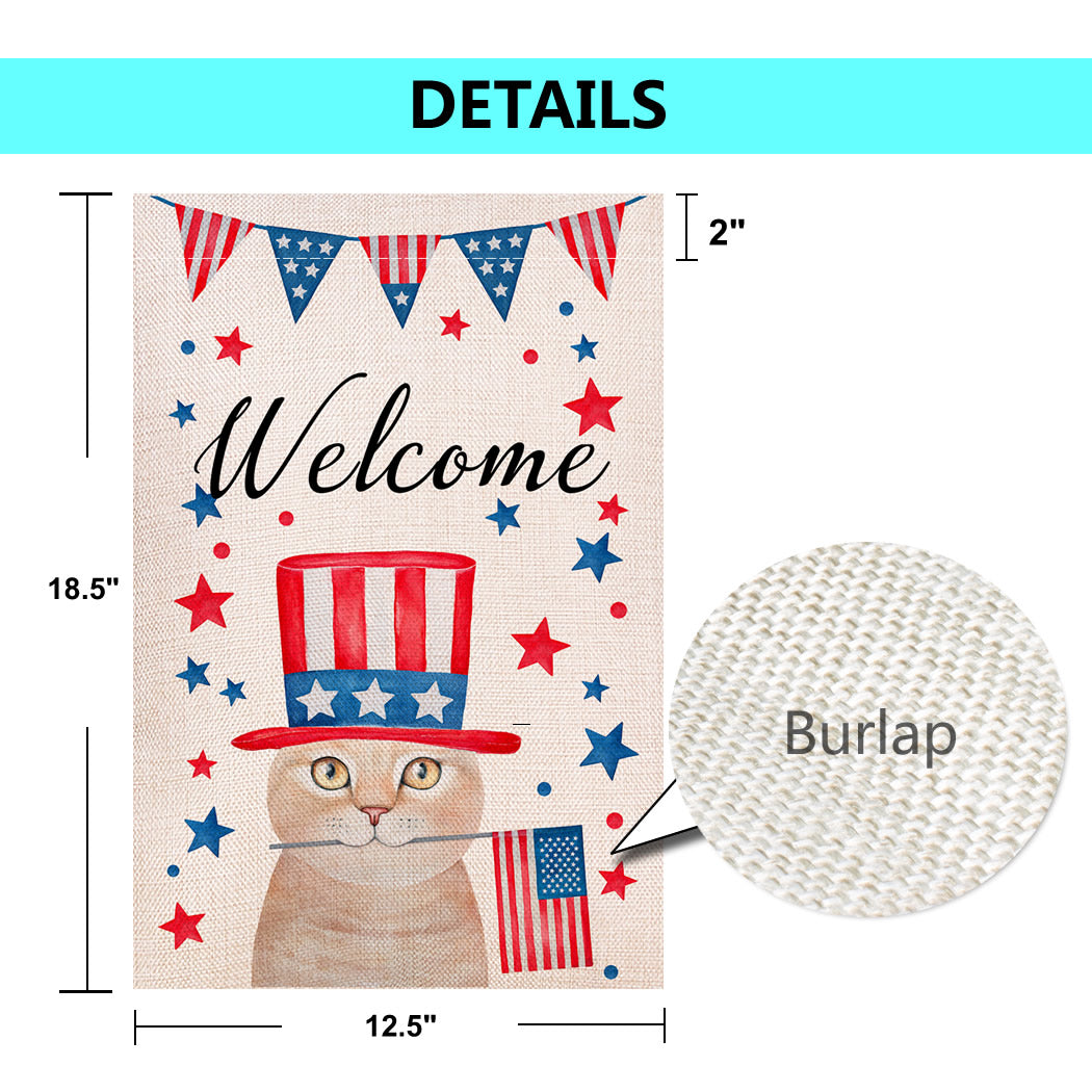 Shmbada Welcome American 4th of July Burlap Garden Flag, Double Sided Home Outdoor Patriotic Cute Cat Decorative Small Flags 12 x 18 inch