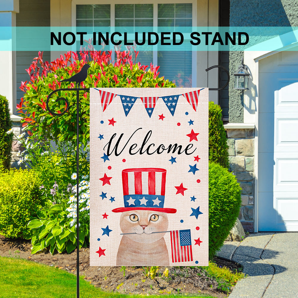 Shmbada Welcome American 4th of July Burlap Garden Flag, Double Sided Home Outdoor Patriotic Cute Cat Decorative Small Flags 12 x 18 inch