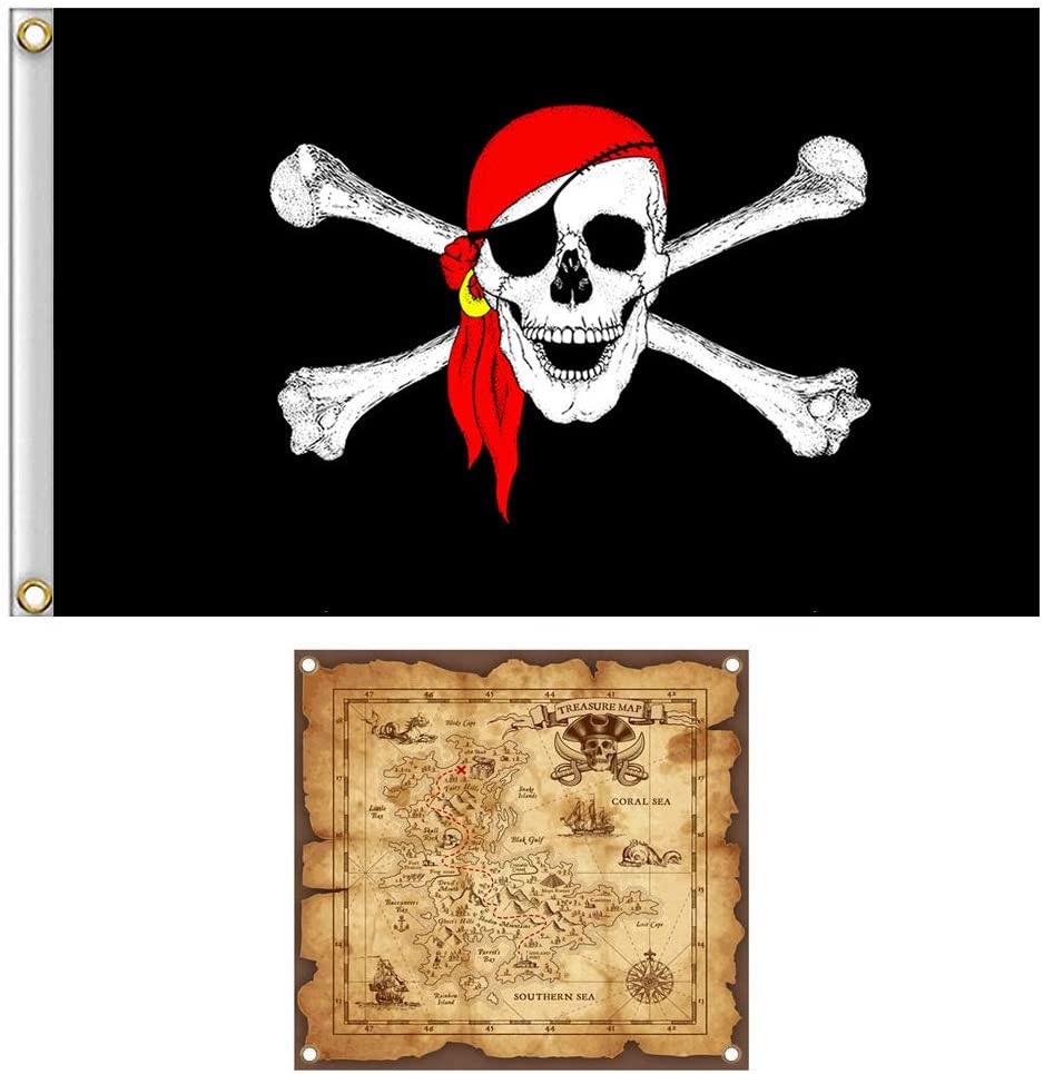 Shmbada Jack Rackham Skull Pirate Flag Jolly Roger Red Bandana with Treasure Map Set for Pirate Party and Halloween, Double Stitched Polyester Pirate Banner with Brass Grommets for Kids Birthday