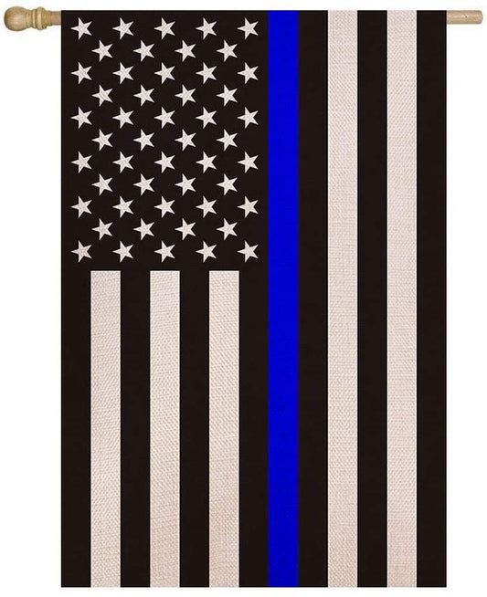 Shmbada Thin Blue Line Double Sided Burlap House Flag, Black White and Blue Patriotic American Police Officers Flag, Home Decor Outdoor Porch Large Decoration Flag, 28 x 40 Inch