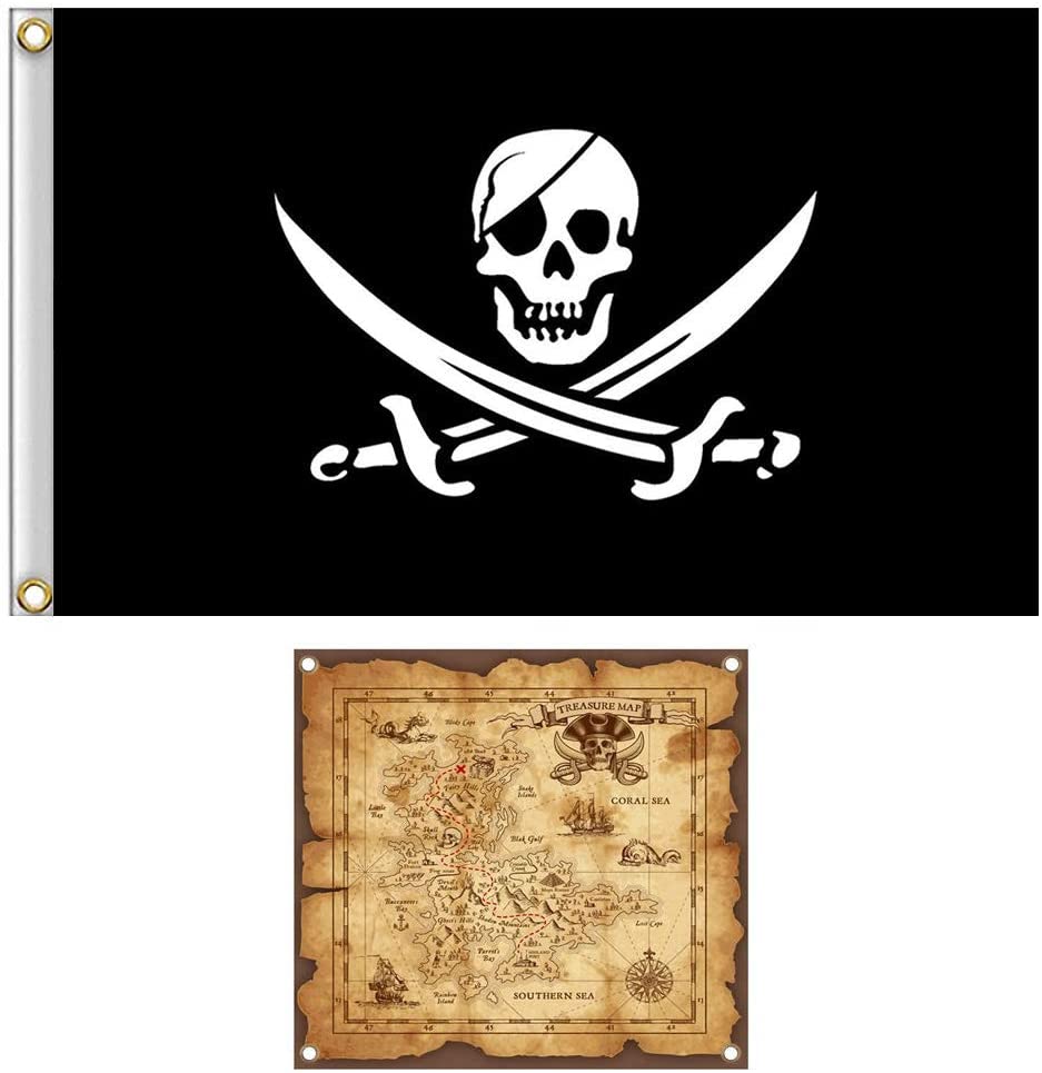 Shmbada Jack Rackham Skull Pirate Flag Jolly Roger Banner with Treasure Map Set for Halloween Pirate Party, Double Stitched Polyester Pirate Banner with Brass Grommets for Kids Birthday
