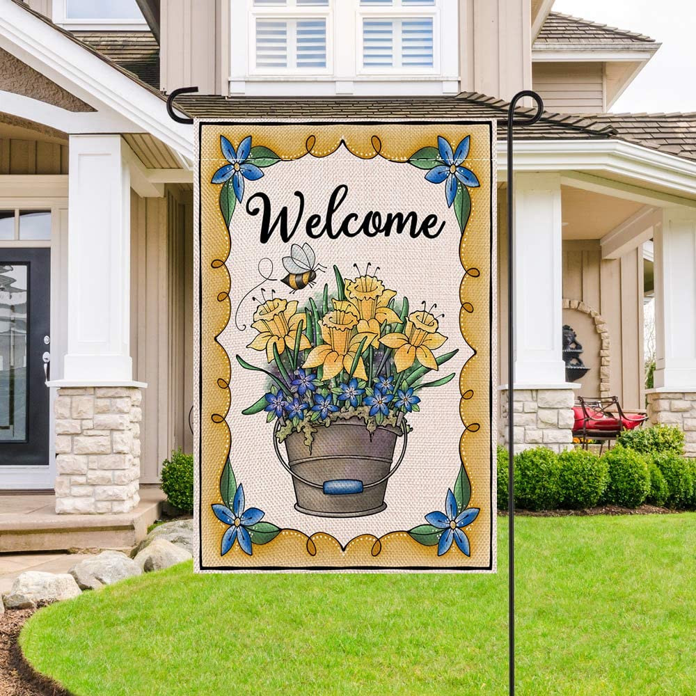 Shmbada Welcome Spring Tulip Flowers Burlap Garden Flag, Double Sided Outdoor Decorative Small Flags 12 x 18 Inch