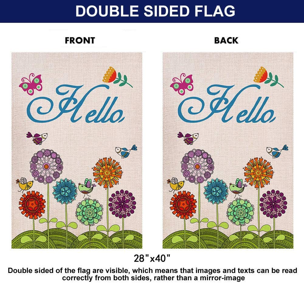 Shmbada Welcome Hello Spring Burlap House Flag, Double Sided Home Outdoor Flowers Birds Decorative Large Flags for Yard Lawn Patio Farmhouse 28 x 40 inch
