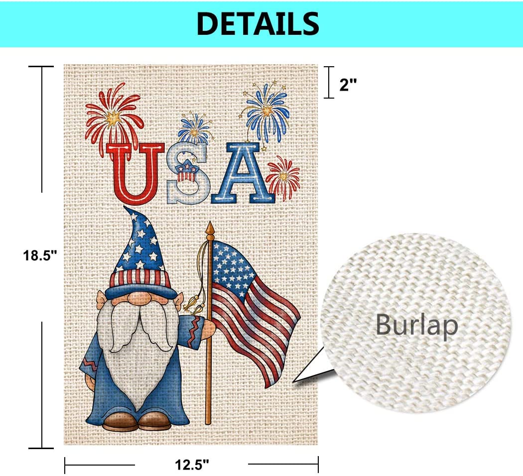 Shmbada USA Gnome Double Sided Burlap Garden Flag, Vertical Patriotic Outdoor Decorative flags for 4th of July, Memorial Day, Veterans Day, 12x18 inch