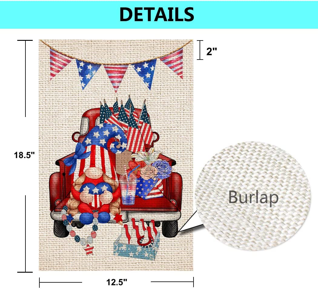 Shmbada American 4th of July Gnome Red Truck Burlap Double Sided Garden Flag, Outdoor US Patriotic Decorative Flags 12 x 18 Inch