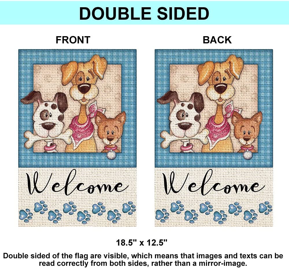 Shmbada Double Sided Welcome Dogs Puppy Paw Print Burlap Garden Flag Outdoor Decorative Small Flag, 12 x 18 Inch