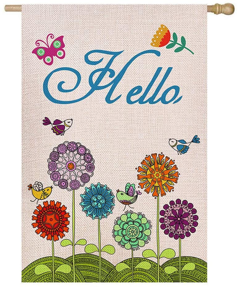 Shmbada Welcome Hello Spring Summer Burlap House Flag, Double Sided Seasonal Home Outdoor Flowers Birds Decorative Large Flags for Yard Lawn Patio Farmhouse 28 x 40 inch