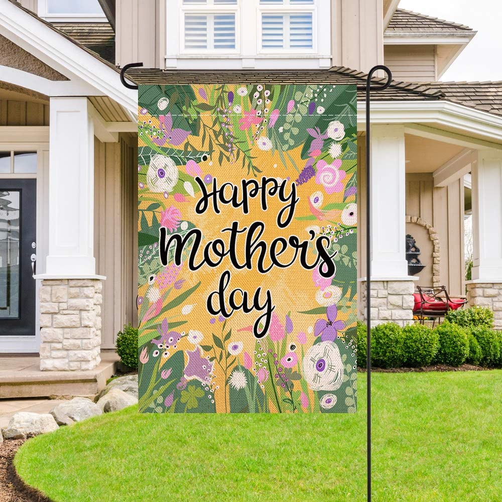 Shmbada Welcome Happy Mother's Day Double Sided Burlap Garden Flag, Ooutdoor Decorative Small Flags, 12 x 18 Inch
