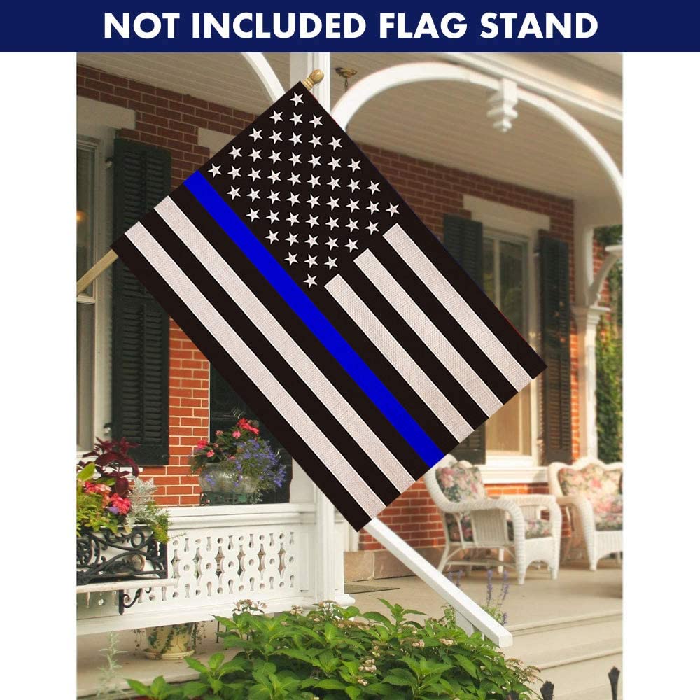 Shmbada Thin Blue Line Double Sided Burlap House Flag, Black White and Blue Patriotic American Police Officers Flag, Home Decor Outdoor Porch Large Decoration Flag, 28 x 40 Inch