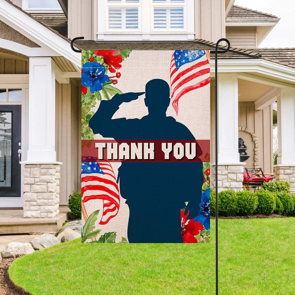 Shmbada Thank You Memorial Day Burlap Double Sided Garden Flag Patriotic Army Outdoor Decorative Flags for Fourth of July, Veterans Day, 12 x 18 inch