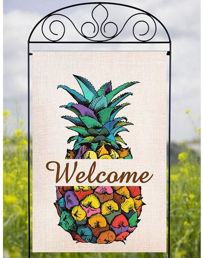 Shmbada Welcome Spring Summer Pineapple Burlap House Flag, Double Sided Seasonal Home Decor Outdoor Yard Decorative Large Flags 28 x 40 inch