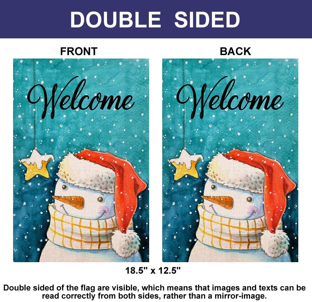 Shmbada Double Sided Welcome Winter Snowman Burlap Garden Flag, Home Decor Outdoor Decorative Small Flags, 12 x 18 Inch