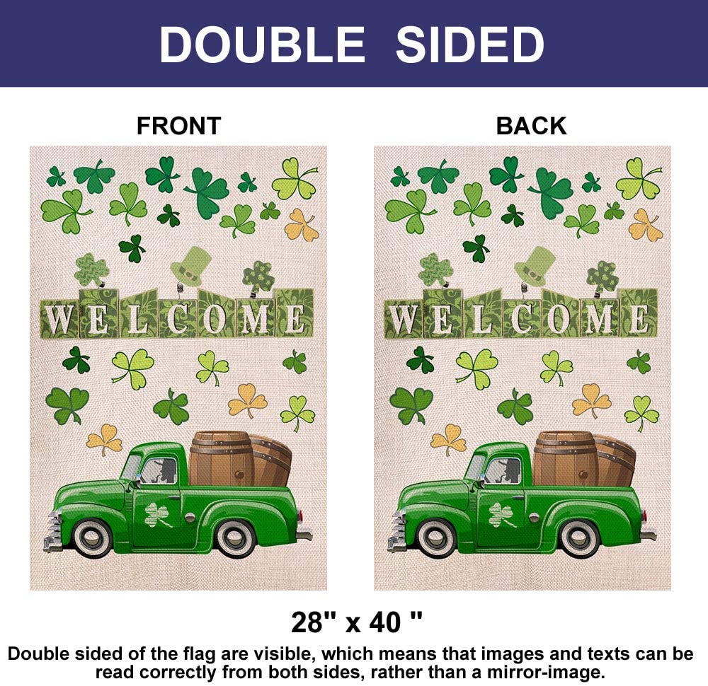 Shmbada Welcome St Patrick's Day Burlap House Flag, Double Sided Outdoor Lawn Yard Home Decoration Large Flag Irish Shamrock Clover Banner Holiday Green Truck Party Beer Accessories Decor, 28 x 40 Inch