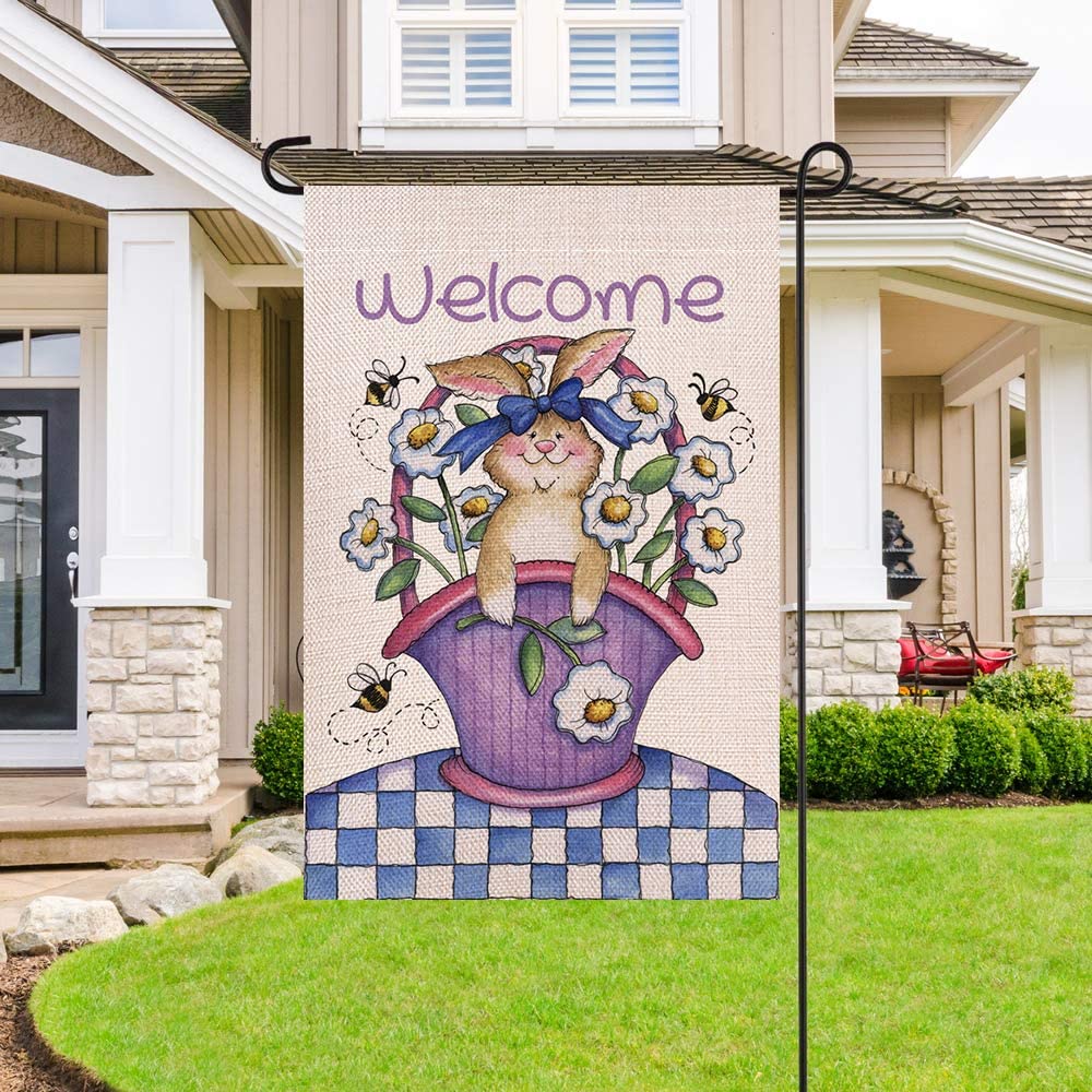 Shmbada Welcome Easter Day Burlap Garden Flag, Spring Flowers Bunny Bees Double Sided Vertical Outside Outdoor Yard Decoration, 12.5 x 18.5 Inch