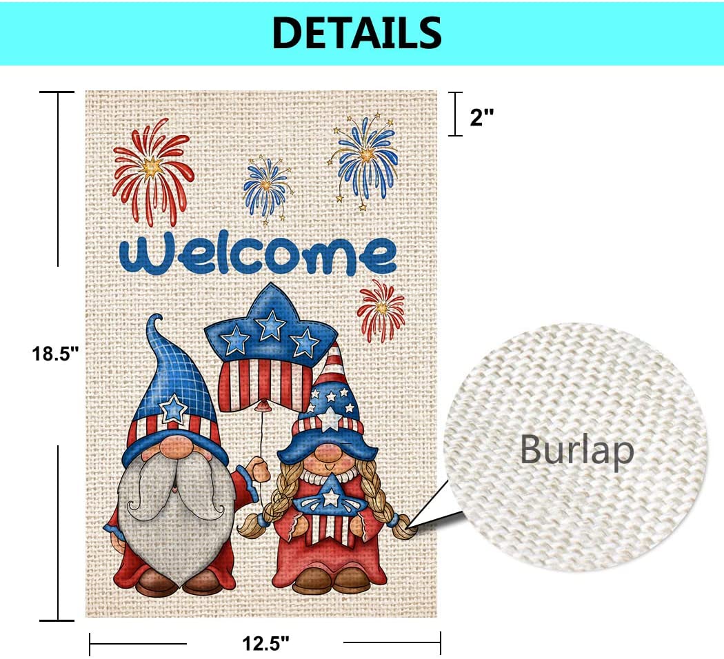 Shmbada Gnomes Welcome Memorial Day 4th of July Burlap Garden Flag, Double Sided Outdoor US Patriotic Decorative Flags, 12 x 18 Inch