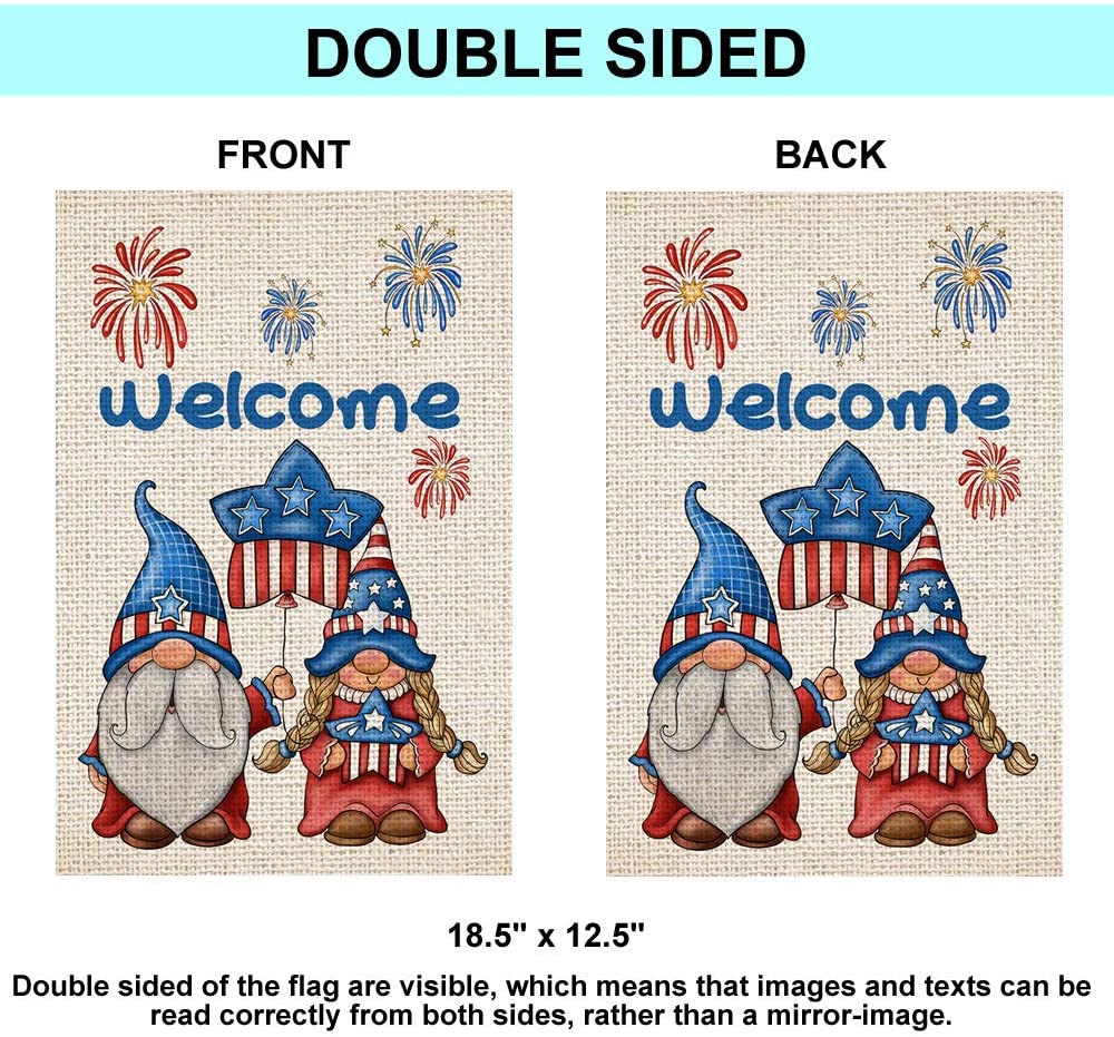 Shmbada Gnomes Welcome Memorial Day 4th of July Burlap Garden Flag, Double Sided Outdoor US Patriotic Decorative Flags, 12 x 18 Inch