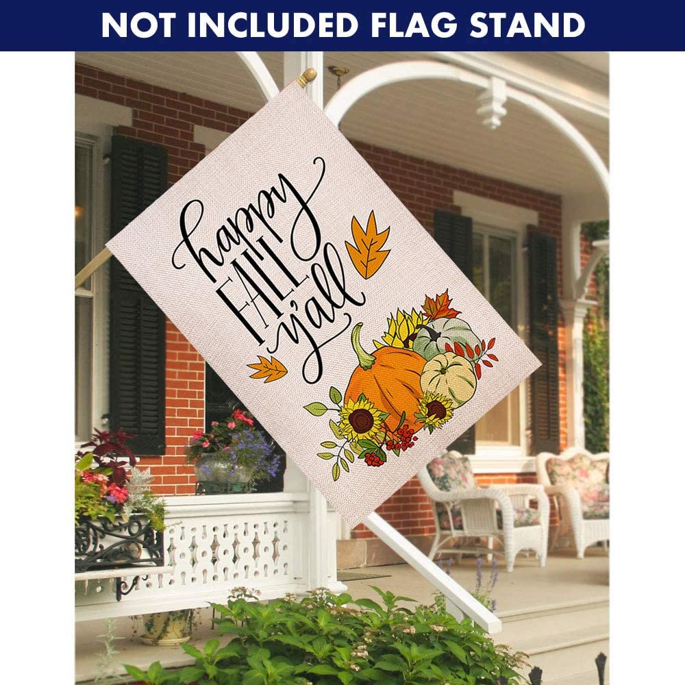 Shmbada Happy Fall Y'all Welcome Double Sided Burlap House Flag, Sunflowers Pumpkins Maple Leaves Thanksgiving Outdoor Large Decorative Flags for Home Yard Lawn Patio, 28 x 40 Inch