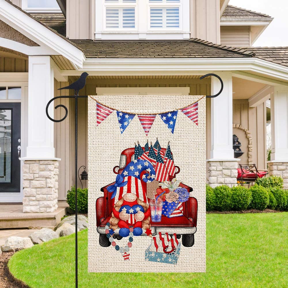 Shmbada Welcome 4Th of July Gnome Red Truck Burlap Garden Flag, Double Sided Outdoor American US Patriotic Decorative Flags for Memorial Day 4th of July, 12 x 18 Inch