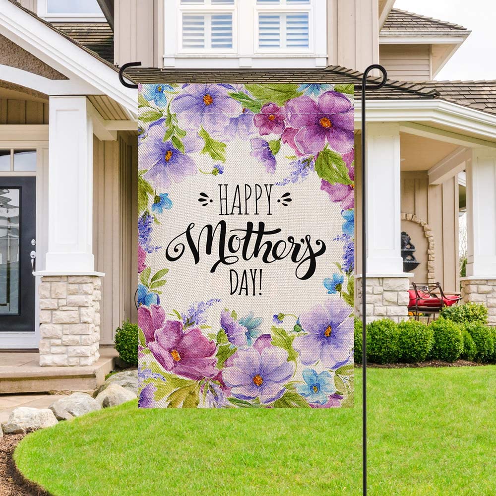 Shmbada Happy Mother's Day Welcome Violet Flowers Burlap Garden Flag, Double Sided Vertical Outdoor Yard Decorative Small Flags, 12 x 18 Inch