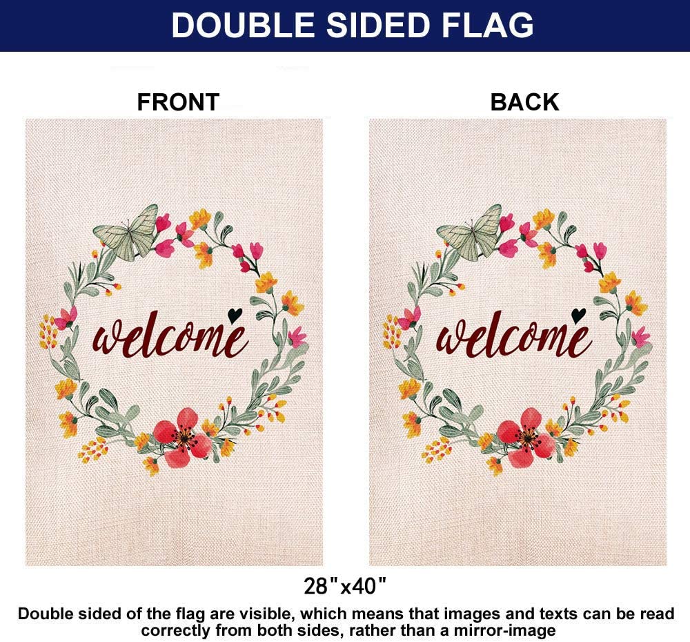 Shmbada Spring Summer Flower Welcome Double Sided Burlap House Flag, Seasonal Decor Outdoor Decorative Large Flags for Home Yard Lawn Patio, 28 x 40 inch