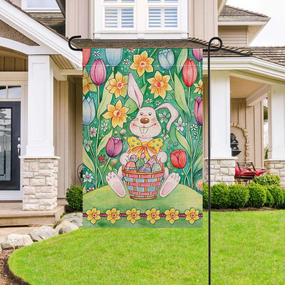Shmbada Welcome Easter Eggs Bunny Flowers Burlap Garden Flag, Double Sided Outdoor Decorative Small Flag, 12 x 18 Inch