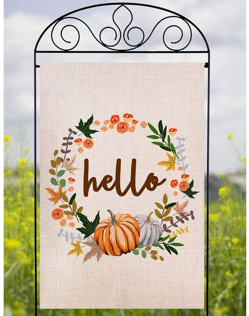 Shmbada Hello Fall Thanksgiving Day Welcome Double Sided Burlap House Flag, Outdoor Decorative Large Flags for Home Garden Yard Lawn Patio, 28 x 40 inch