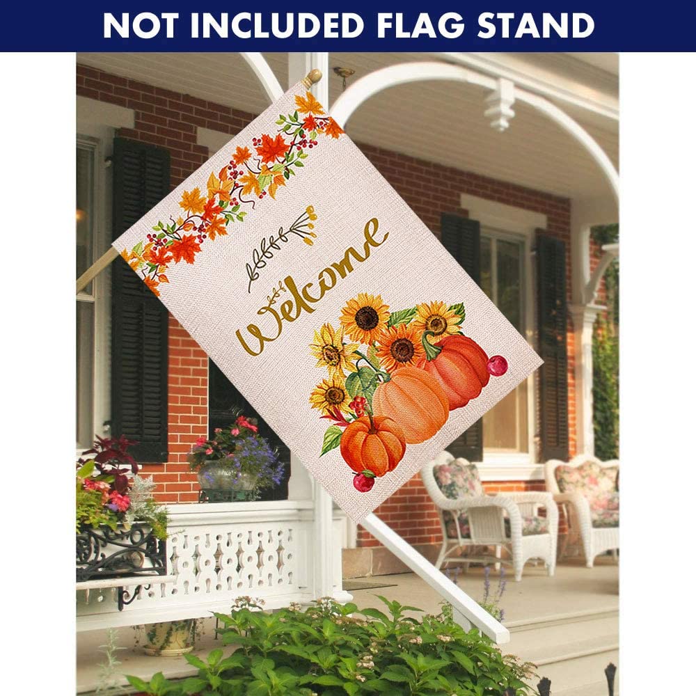 Shmbada Welcome Fall Thanksgiving Day Burlap House Flag Double Sided Yard Lawn Outdoor Pumpkin Sunflower Autumn Maple Leaves Large Decorative Flag 28 x 40 Inch