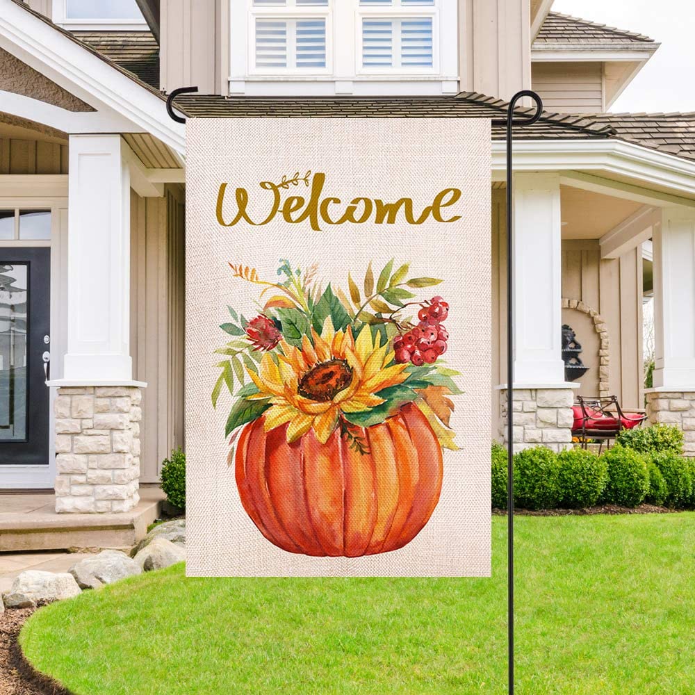 Shmbada Welcome Fall Burlap Double Sided Garden Flag, Leaves Pumpkins Sunflowers Home Outdoor Decorative Flags, 12.5 x 18.5 inch