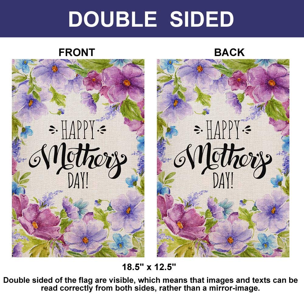 Shmbada Happy Mother's Day Welcome Violet Flowers Burlap Garden Flag, Double Sided Vertical Outdoor Yard Decorative Small Flags, 12 x 18 Inch