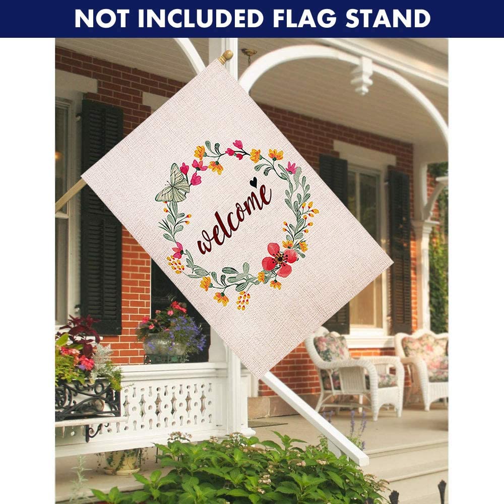 Shmbada Spring Summer Flower Welcome Double Sided Burlap House Flag, Seasonal Decor Outdoor Decorative Large Flags for Home Yard Lawn Patio, 28 x 40 inch