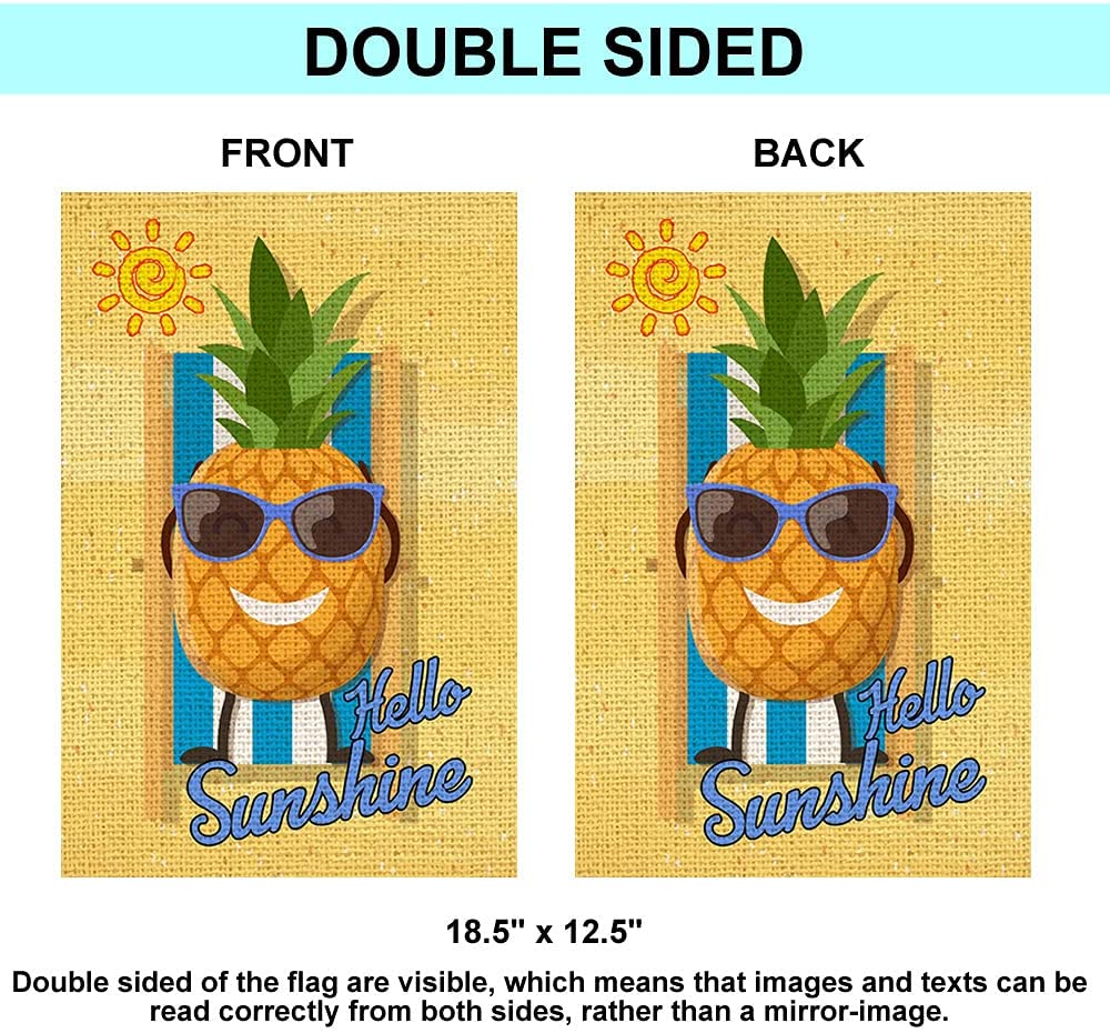 Shmbada Welcome Summer Pineapple Hello Burlap Garden Flag, Double Sided Outdoor Decorative Small Flag 12.5 x 18.5 Inch