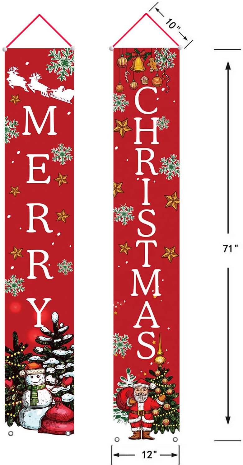 Shmbada Welcome Merry Christmas Party Decor Porch Sign Front Door Hanging Banners Flags, Twill Fabric Wall Decoration for Indoor Outdoor Home Yard Farmhouse, Set of 2