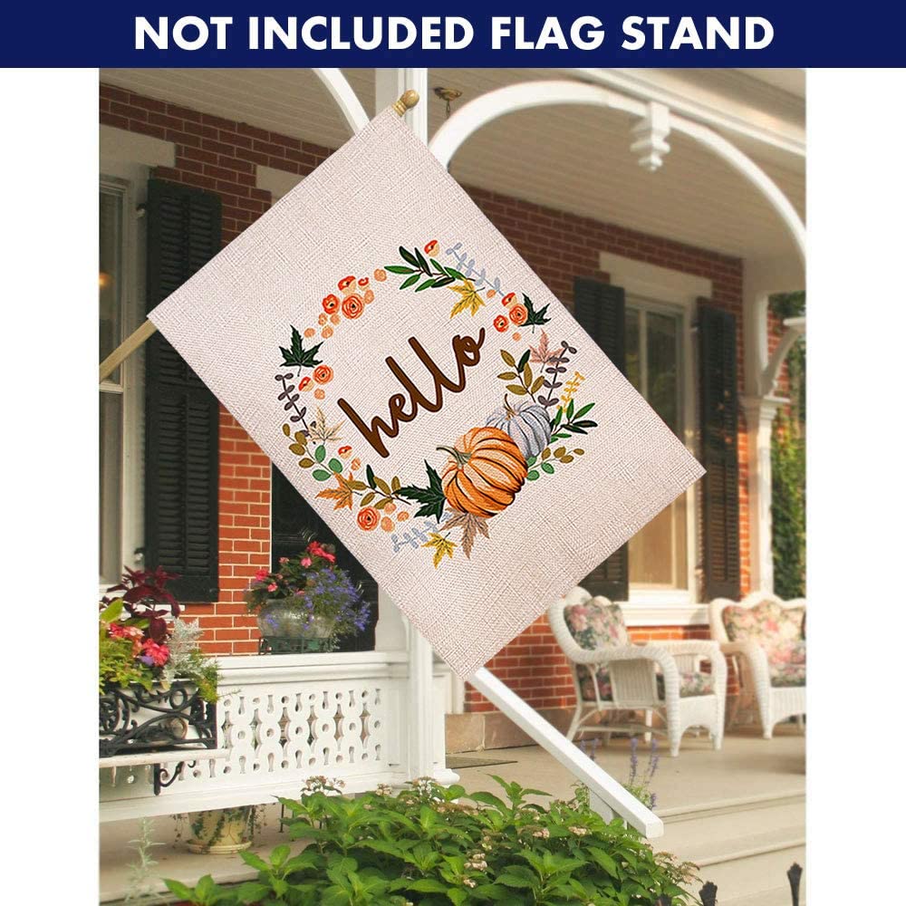 Shmbada Hello Fall Thanksgiving Day Welcome Double Sided Burlap House Flag, Outdoor Decorative Large Flags for Home Garden Yard Lawn Patio, 28 x 40 inch