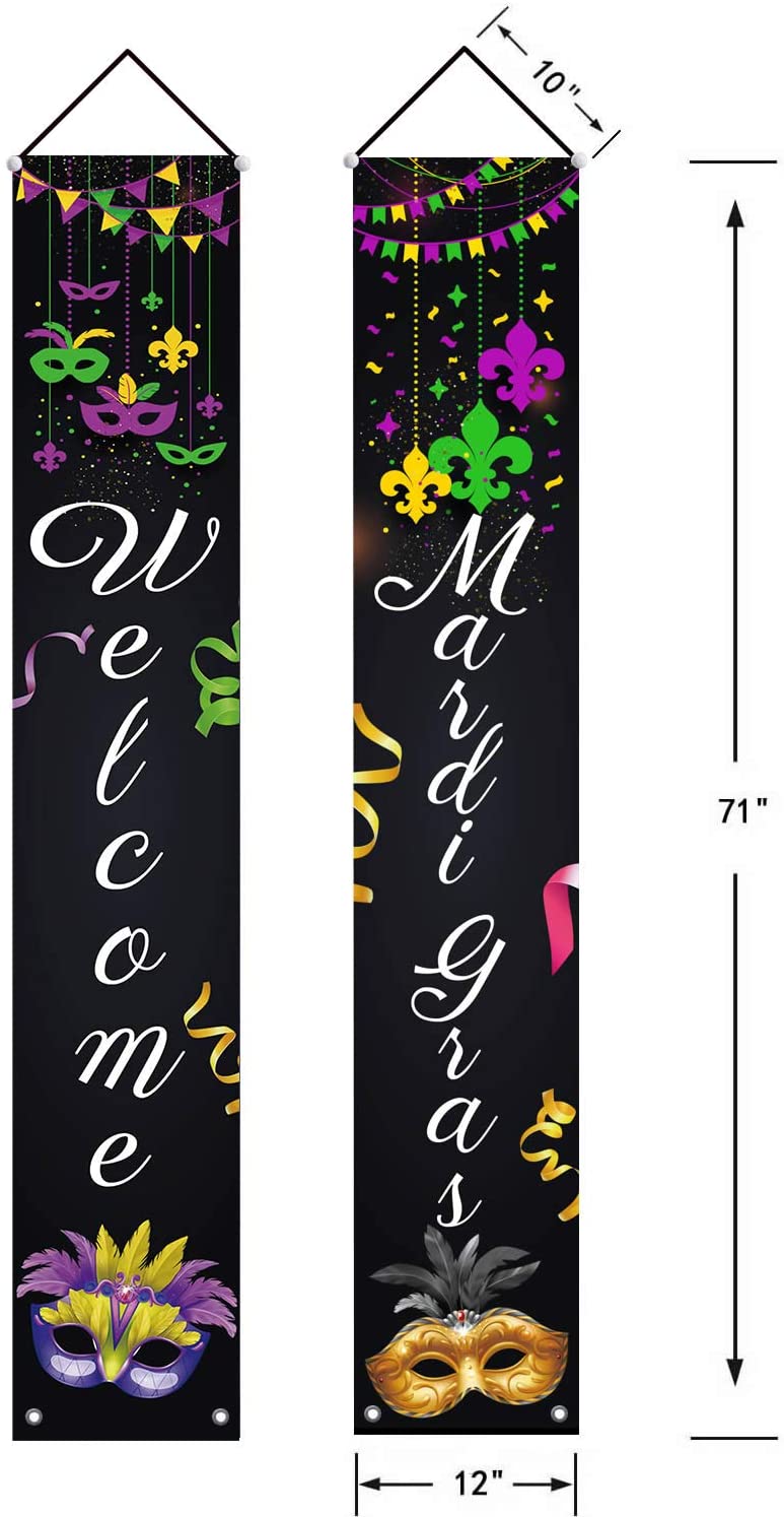 Shmbada Welcome Mardi Gras Fleur De Lis Party Decor Porch Sign Front Door Hanging Banners Flags, Twill Fabric Wall Decoration for Indoor Outdoor Home Yard Farmhouse, 71“ x 12” Set of 2