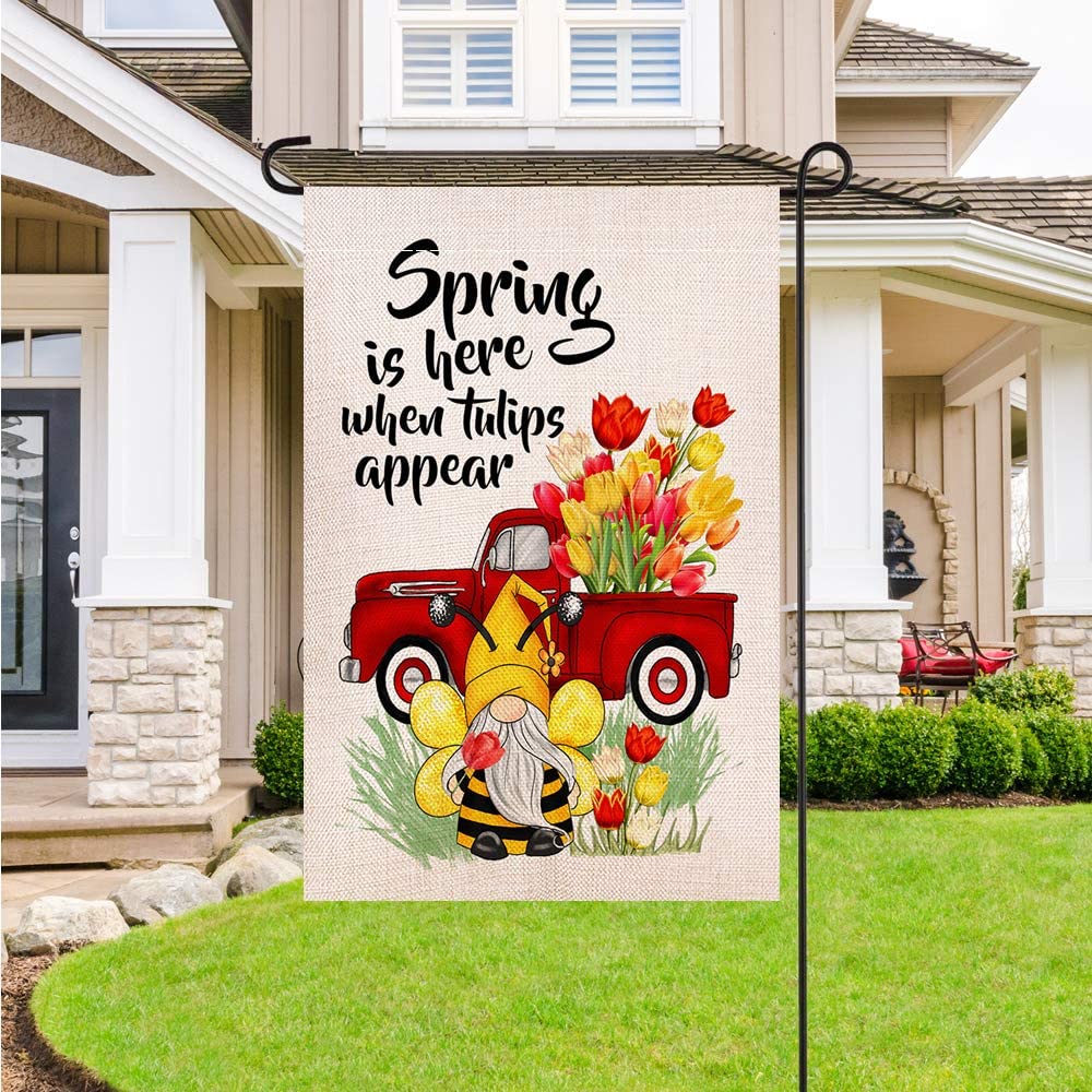 Shmbada Welcome Spring Gnome Burlap Garden Flag, Red Truck with Tulips Double Sided Vertical Outside Outdoor Yard Decoration, 12 x 18 Inch