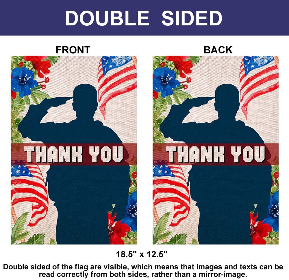 Shmbada Thank You Memorial Day Burlap Double Sided Garden Flag Patriotic Army Outdoor Decorative Flags for Fourth of July, Veterans Day, 12 x 18 inch