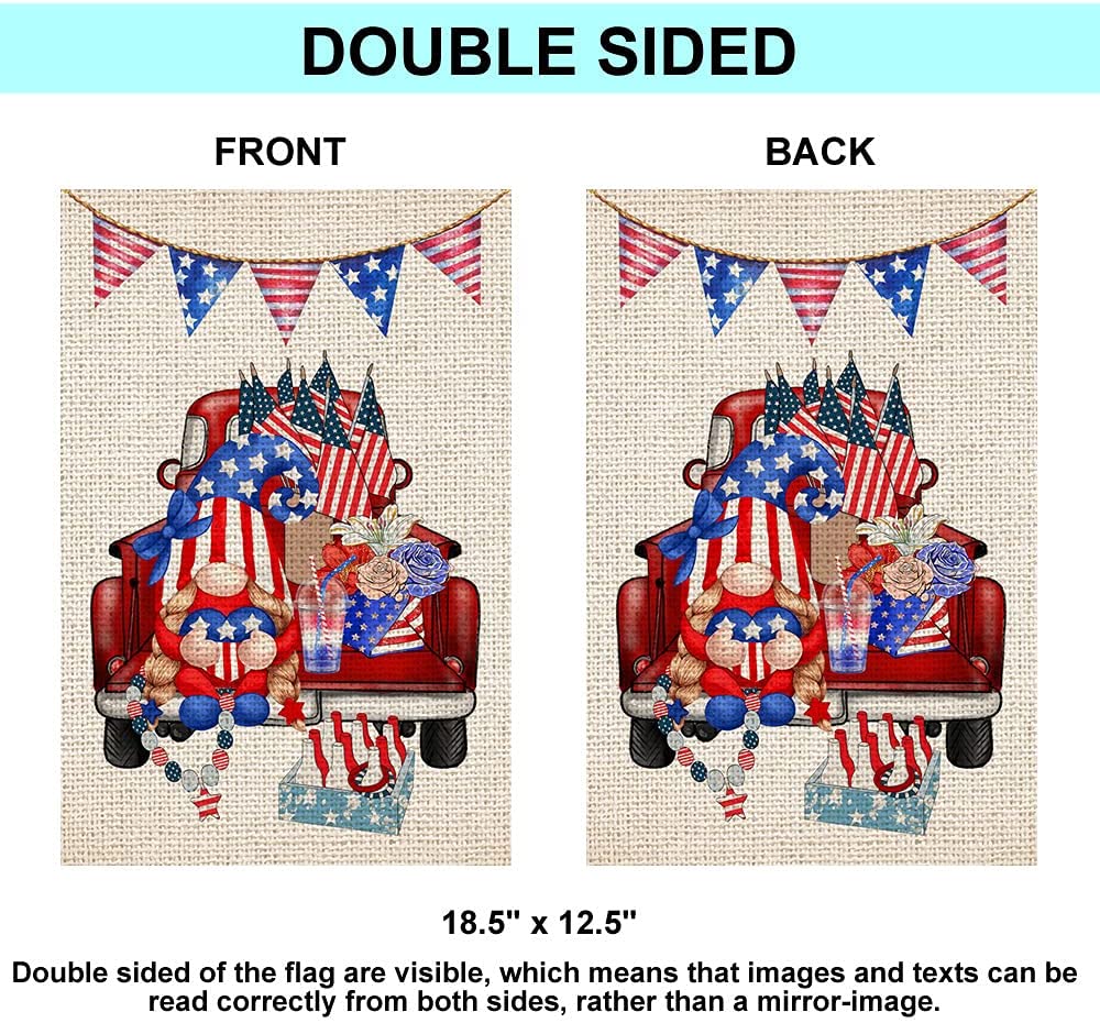 Shmbada Welcome 4Th of July Gnome Red Truck Burlap Garden Flag, Double Sided Outdoor American US Patriotic Decorative Flags for Memorial Day 4th of July, 12 x 18 Inch