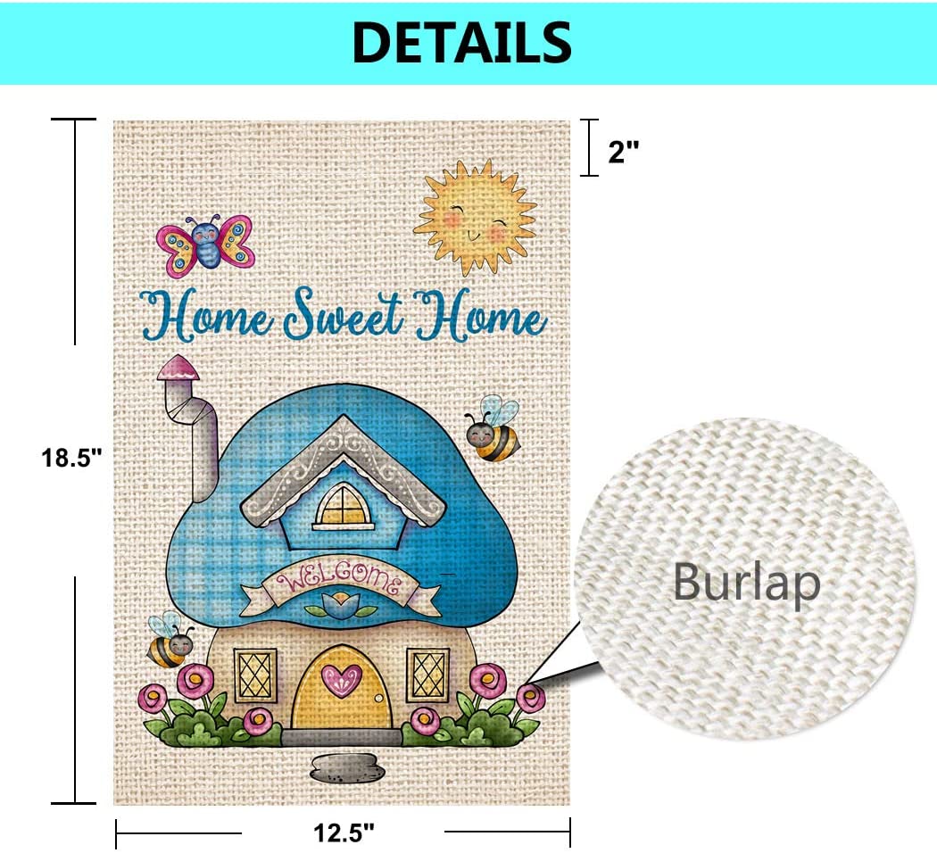 Shmbada Welcome Home Sweet Home Burlap Garden Flag,  Double Sided Spring Summer Outdoor Decorative Small Flags, 12 x 18 Inch