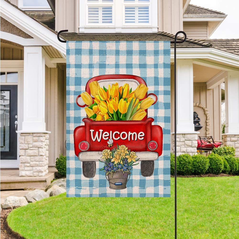 Shmbada Welcome Spring Summer Burlap Garden Flag, Blue White Buffalo Plaid Flowers Red Truck Tulips Double Sided Outdoor Yard Decoration, 12 x 18 Inch