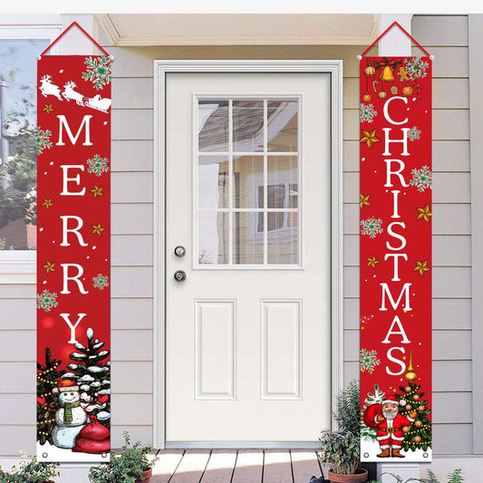 Shmbada Welcome Merry Christmas Party Decor Porch Sign Front Door Hanging Banners Flags, Twill Fabric Wall Decoration for Indoor Outdoor Home Yard Farmhouse, Set of 2