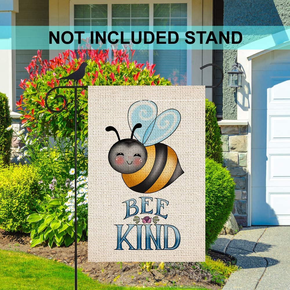 Shmbada Bee Kind Welcome Fall Spring Burlap Garden Flag,  Double Sided Outdoor Decorative Small Flags 12 x 18 Inch
