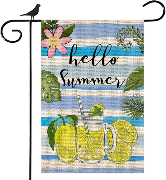 Shmbada Welcome Hello Summer Lemonade Flowers Burlap Garden Flag, Double Sided Outdoor Decorative Small Flag 12 x 18 Inch