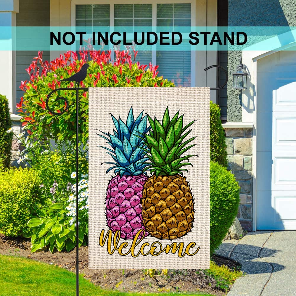Shmbada Welcome Pineapples Burlap Double Sided Garden Flag, Outdoor Spring Summer Decorative Flags for Garden Yard Lawn, 12 x 18 Inch