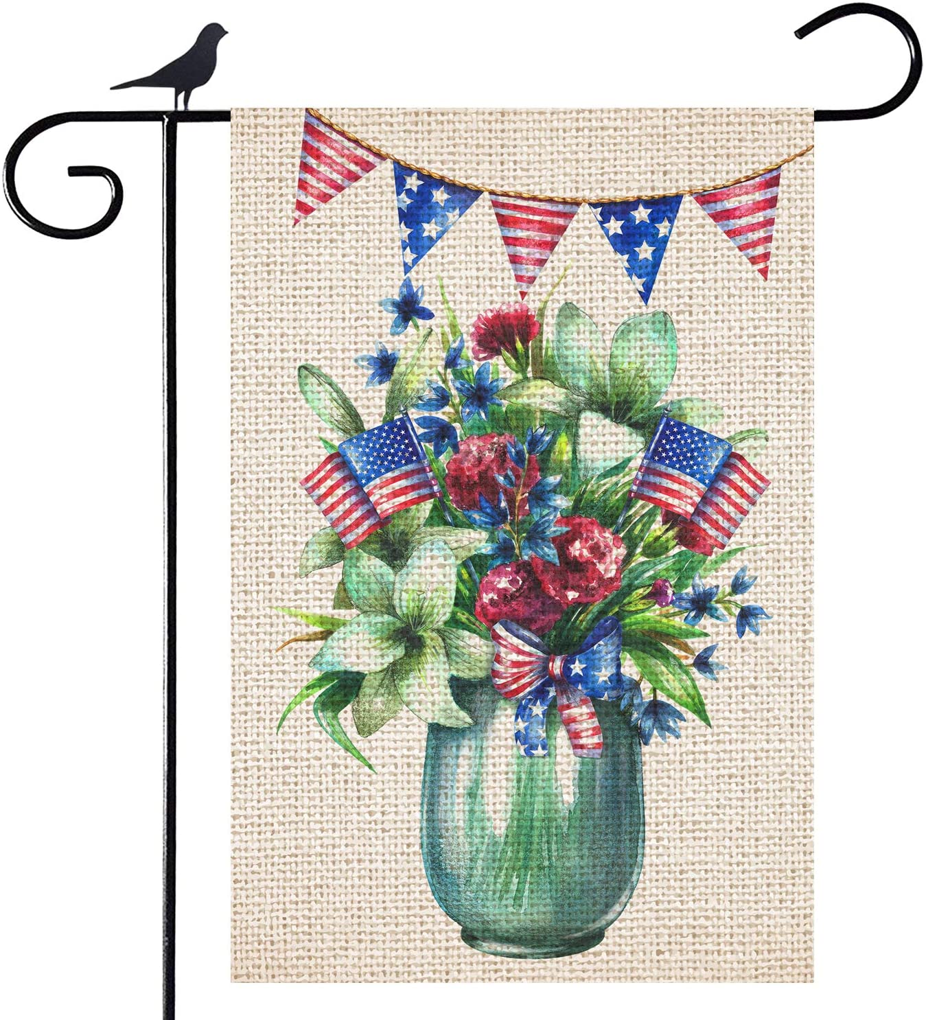 Shmbada Memorial Day 4th of July American Flag Double Sided Burlap Garden Flag, Outdoor US Patriotic Decorative Flags, 12 x 18 Inch