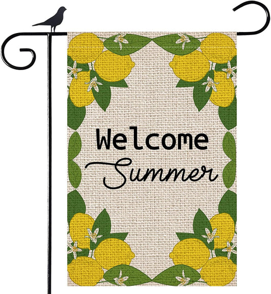 Shmbada Welcome Summer Lemon Burlap Garden Flag, Double Sided Vertical Outdoor Decorative Small Flag 12 x 18 Inch