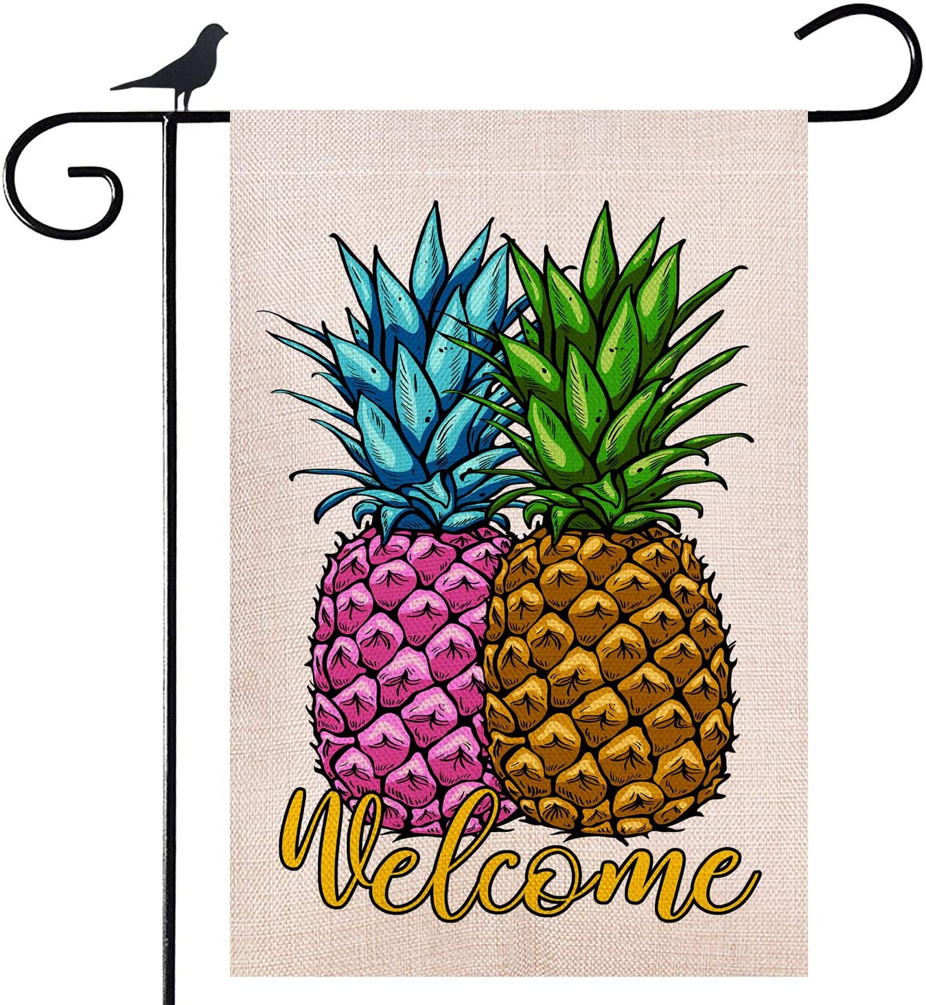 Shmbada Welcome Pineapples Burlap Double Sided Garden Flag, Outdoor Spring Summer Decorative Flags for Garden Yard Lawn, 12 x 18 Inch